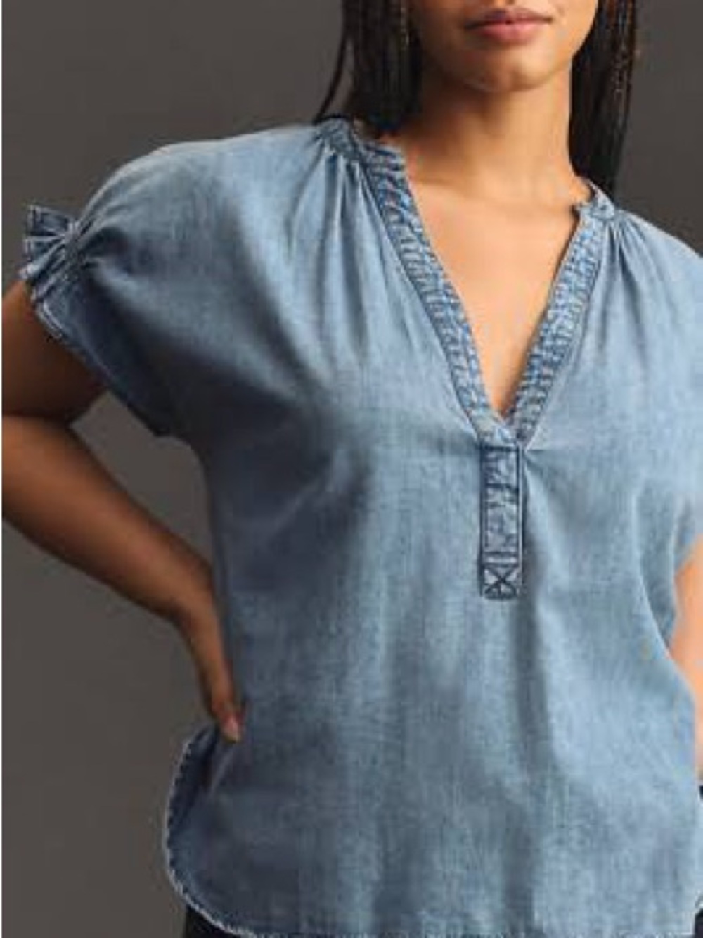 Casual Light Blue Denim V-Neck Tunic Top